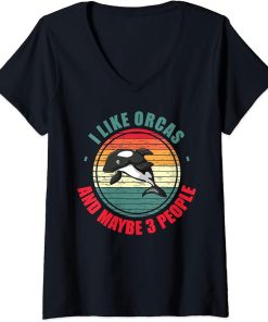 Womens Retro Killer Whale I Like Orcas And Maybe Like 3 People V-Neck T-Shirt