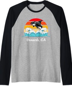 Vintage Oxnards CA Distressed Orca Killer Whale Art Raglan Baseball Tee