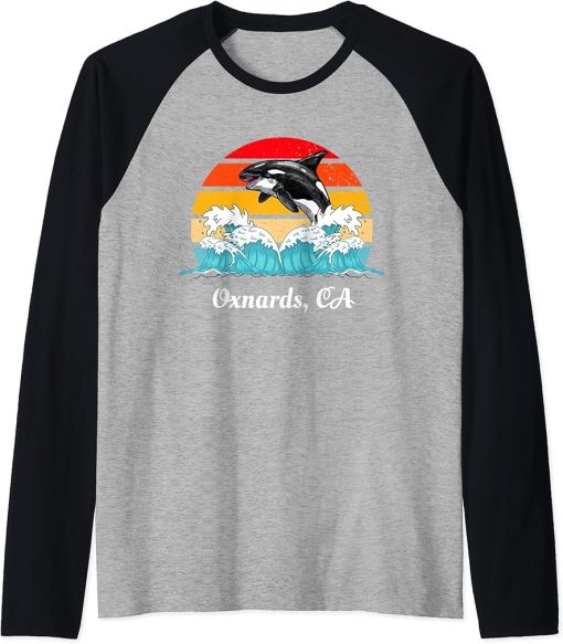 Vintage Oxnards CA Distressed Orca Killer Whale Art Raglan Baseball Tee