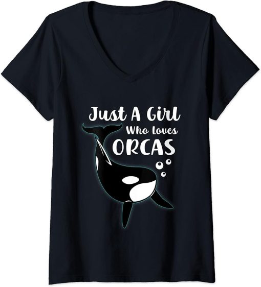 Womens Just A Girl Who Loves Orcas Funny Whales, Orca Lovers V-Neck T-Shirt